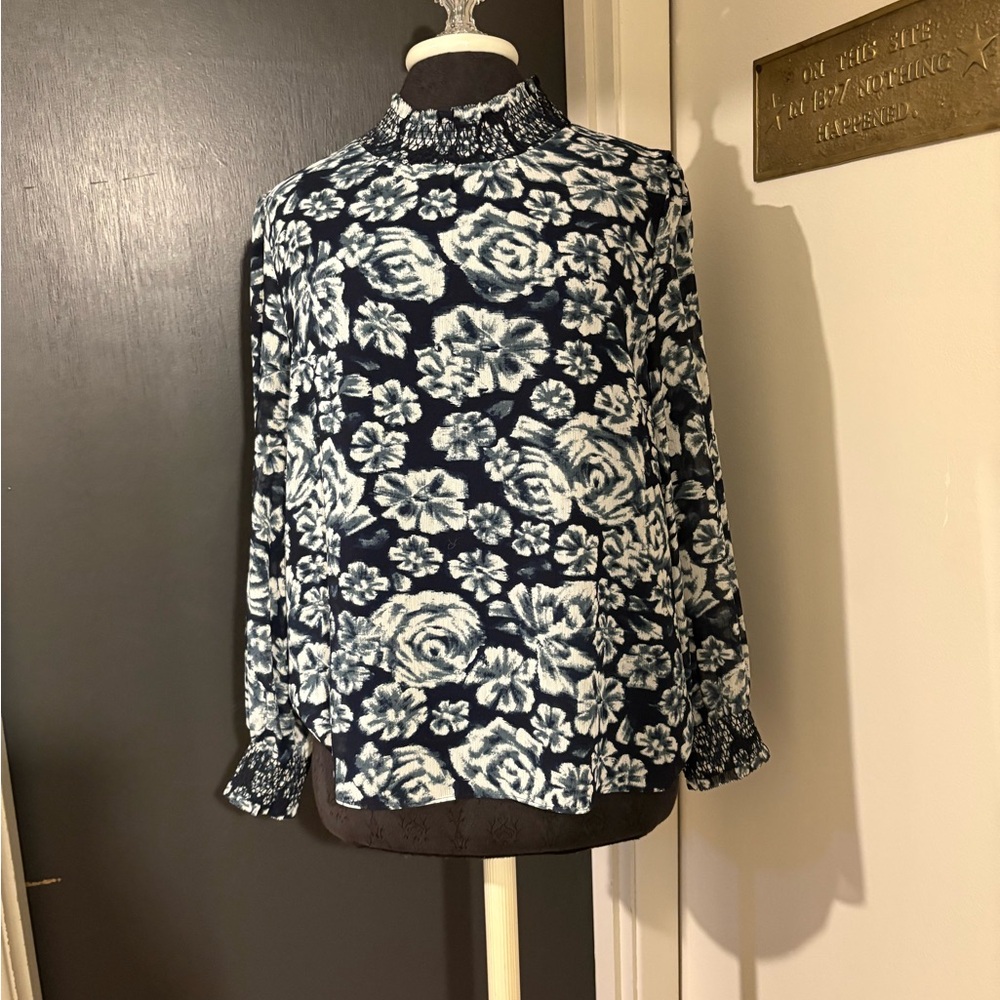 J. Crew Navy and White Floral Blouse with Mock Neck and Cuffs